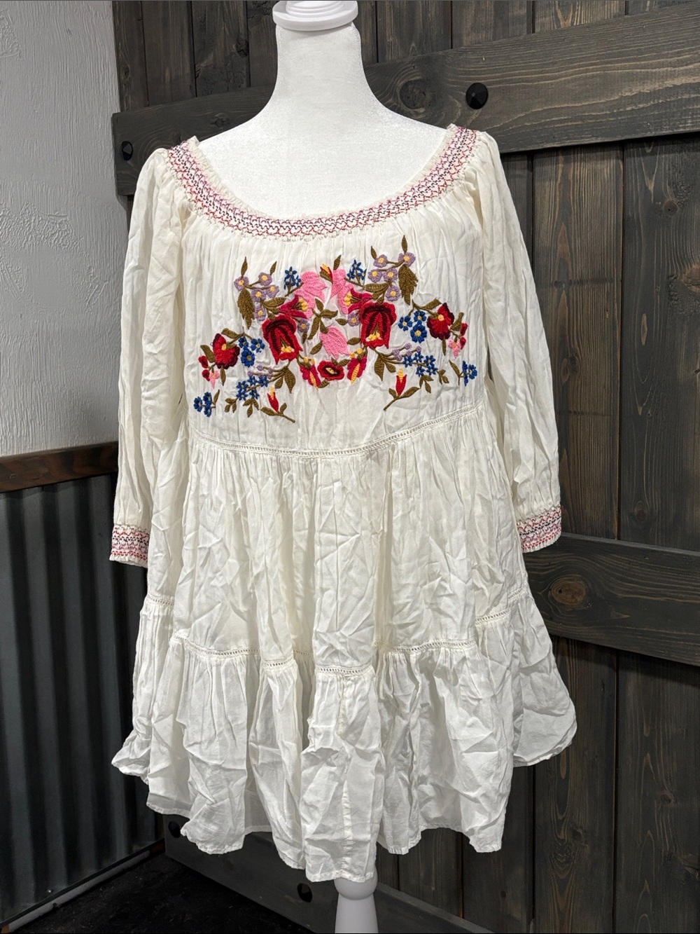 Free People off shoulder White Embroidered Floral Tiered Dress
